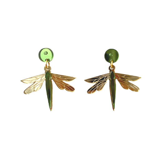 pendientes en forma de libélula de metacrilato en color verde de la marca elas collection